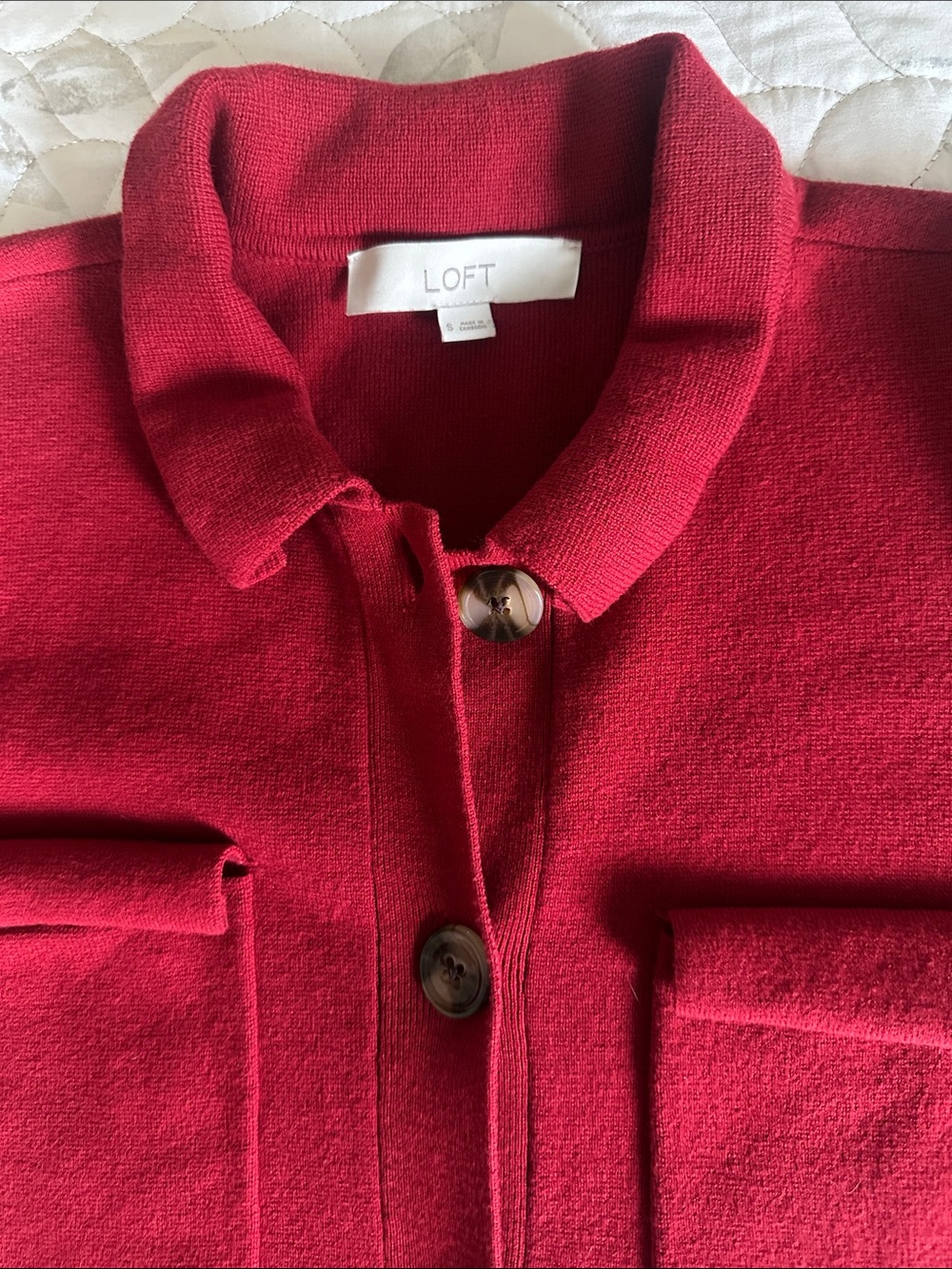 LOFT Crimson Red Button-Front Knit Jacket